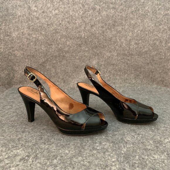 Clarks Artisan Women's Patent Leather Black Shoes Sling Back Heel Peep Toe Shoes - Picture 5 of 12